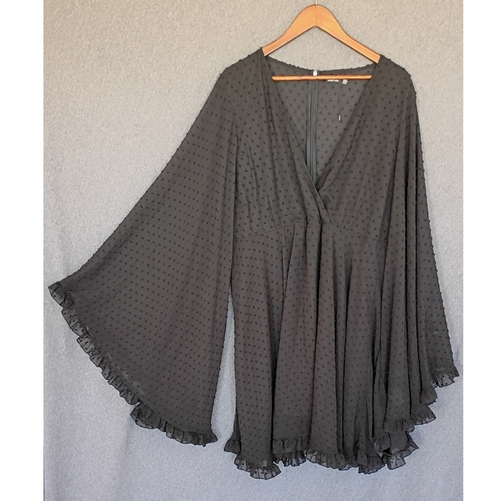 Boohoo Black Dobby Mesh Exagerated Bell Sleeve Ruffle Mini Dress 22 Whymsigoth